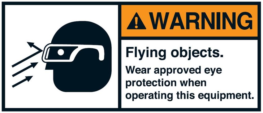 Wear approved eye.."35x80/45x100/70x160mm Warnaufkleber "WARNING Flying objects 