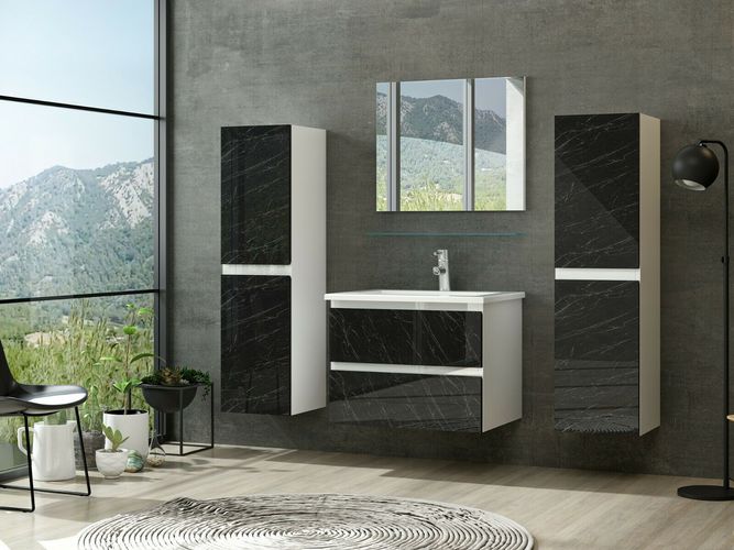 Badmöbel Set Weiss / Marmor Optik Hochglanz Badezimmermöbel 6 teilig