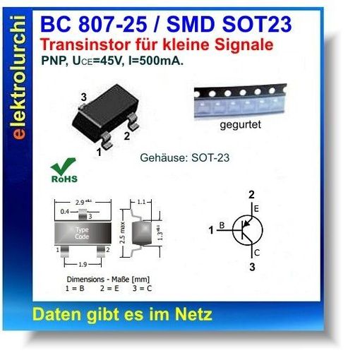 310mw 500ma 10st. pnp transistor NXP SMD código: 5bw sot-23 45v Bc807-25 