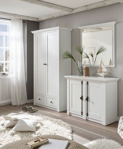 Schrank mit Flur kaufen Hooge weiß Set bei 3-tlg. Pinie Diele Landhaus Garderobe Garderoben-Set