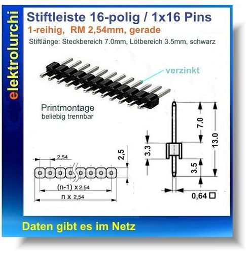 gerade 1x8 Pin 1-reihig Stiftleiste 8-polig l=21.4mm VZ 4St. Raster2.54 