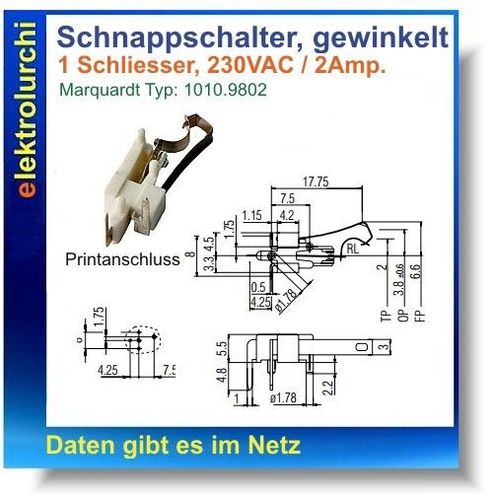 Schnappschalter 230VAC/2A Mikroschalter Marquardt Typ 1010.9802 Printmon. 3St. 