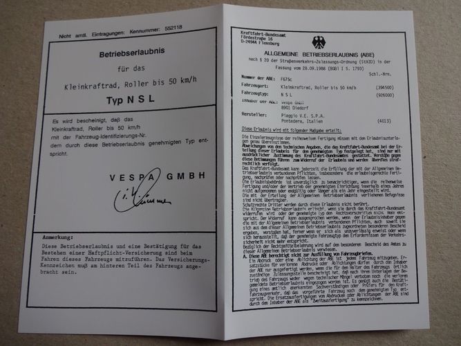 Vespa 50 N ABE Betriebserlaubnis auf Originalpapier 