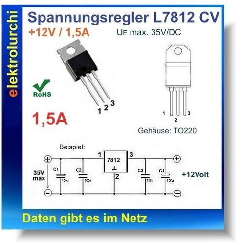 L7812CV - Spannungsregler + 12V, 1,5A, 7812, UE=35V/ dc TO220, SGS, 3St.  kaufen bei