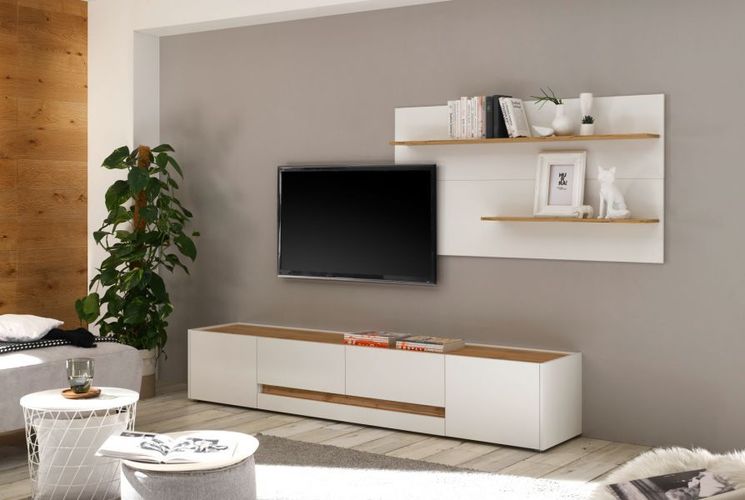 Wohnwand Set Lowboard Paneel in weiß und Eiche Wotan 300 cm Center TV bis  zu 70