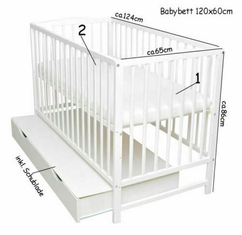Babybett 2in1 Gitterbett Kinderbett Weiß 120x60 Schublade Matratze Laken 