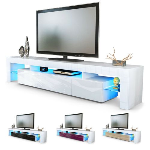 TV Lowboard Schrank Fernsehtisch Hochglanz TV Möbel mit RGB LED-Beleuchtung Weiß