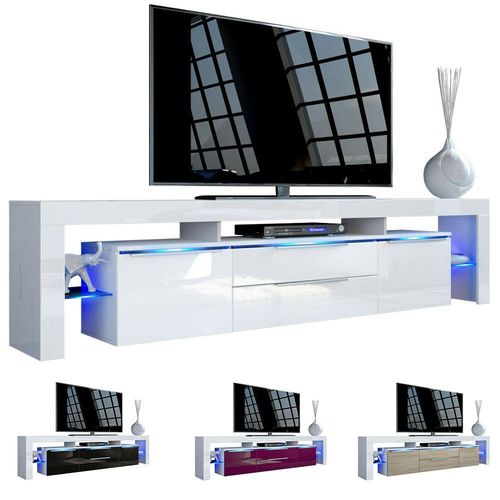 Hochglanz & Naturtöne TV Lowboard Board Schrank Fernsehtisch Lima V2 in Weiß 