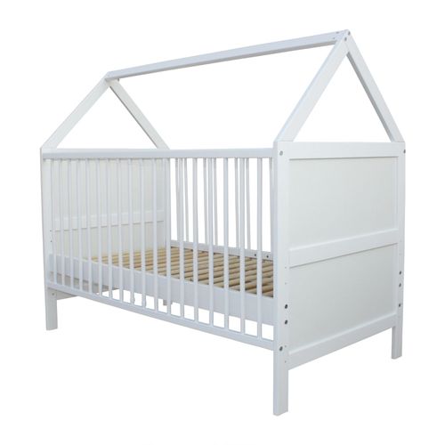 Babybett Kinderbett Bett Haus 140x70 cm mit Matratze Schublade weiss 0 bis 6 J. 