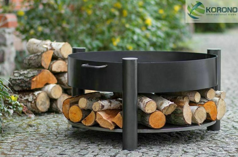 Korono Feuerschale aus Stahl mit Holzfach  Ø 60-70-80cm mit 3 Beinen Hand Made 