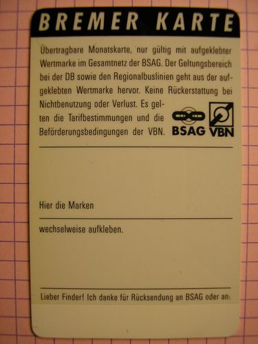 BREMER KARTE BSAG / 124 10-1995 / Zahlenkarte 6 Die Sechs / Abo