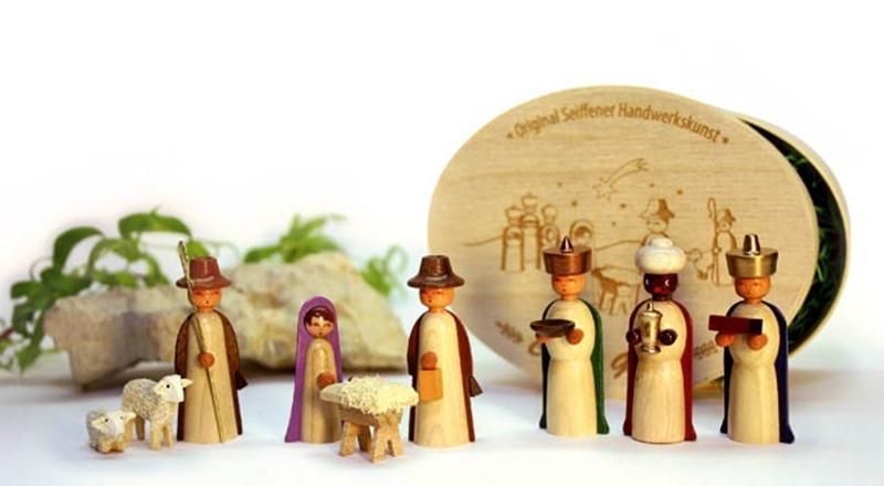 Miniaturen Christi Geburt in Spandose farbig 14,5cmx8cm h=5cm NEU Seiffen Holz 