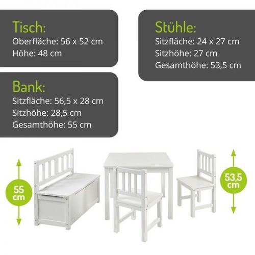 Kindersitzgruppe Kinder Möbel Set mit Truhen Bank Tisch 2x Stuhl Holz weiß  BOMI® kaufen bei
