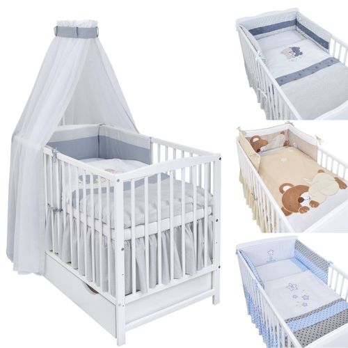 Babybett Kinderbett Milo Weiß 120x60 Komplett Bettset mit Stickerei 
