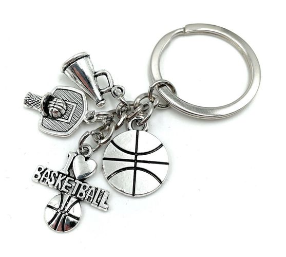 Basketball Korb Basketballkorb Ball Schlüsselanhänger Anhänger Silber aus Metall 