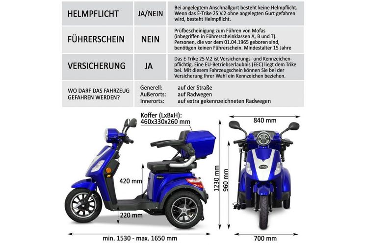 Rolektro, E-Trike 25 V.2, bei Watt, kaufen 25 Blau, Km 1000 Blei-Gel-Akku