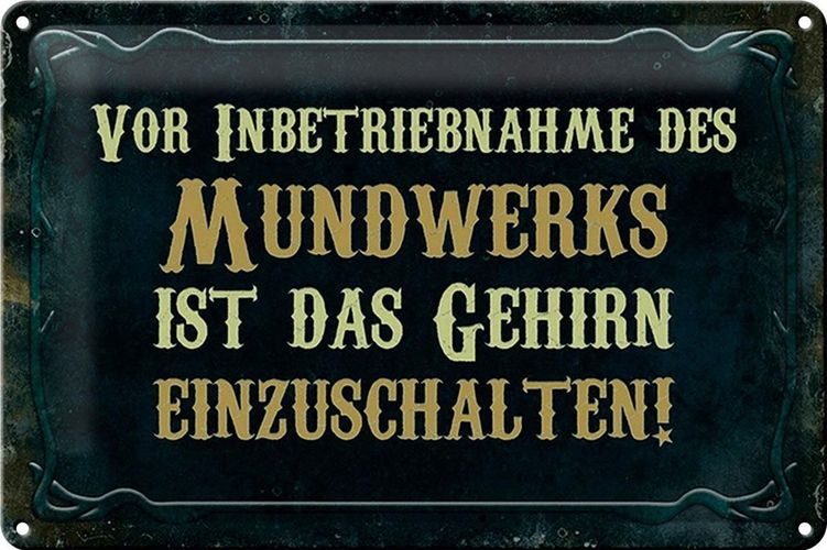 Blechschild Spruch 30x20cm vor Inbetriebnahme des Mundwerks Deko Schild