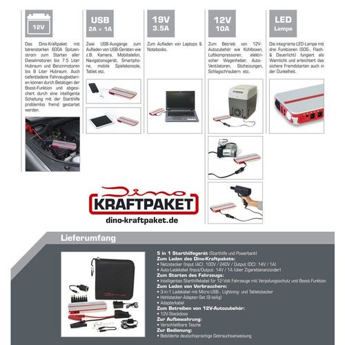 Dino Kraftpaket Starthilfe Ladegerät Jumpstarter Power Bank 18.000