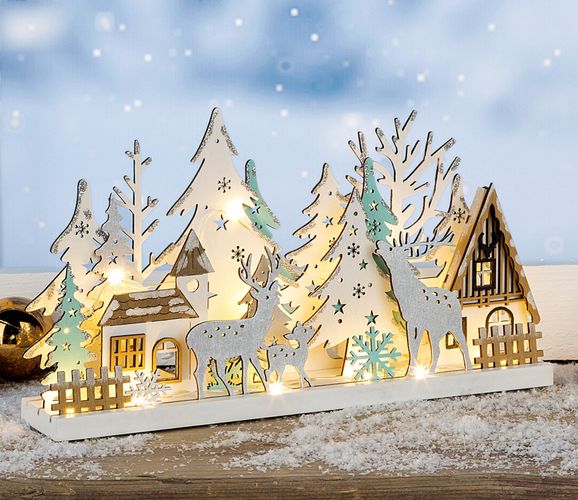 15 Weihnachts kaufen aus LED Silhouette bei mit - Winterlandschaft Deko Holz Haus beleuchtet