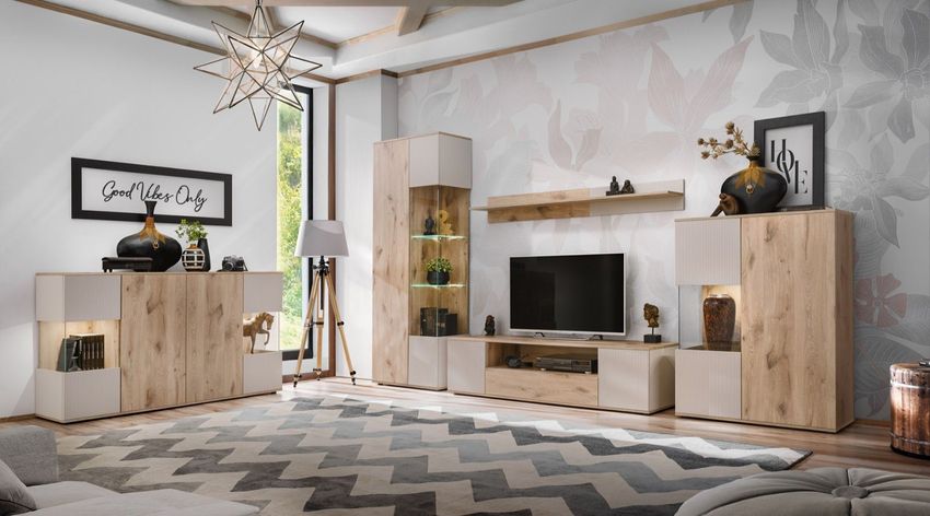Wohnwand Anbauwand LIAM Mit Lamellen Und Bio Ethanol Kamin LED Und Push Click 110388387