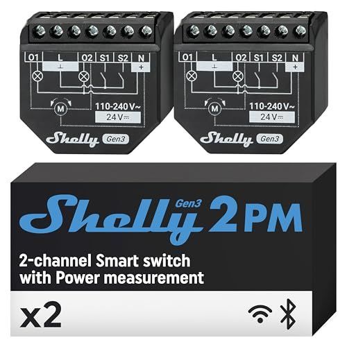 Shelly 2PM Gen3 - Relé Interruptor de persianas inalàmbrico, 2 Canales - 16 A, Wi-Fi & Bluetooth, con Medidor de consumo, Control de app iOS Android y Temporizador, Alexa, Google Home