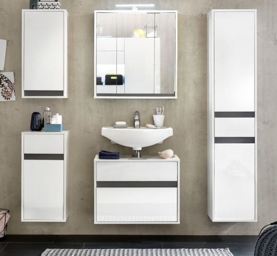 Bad Möbel Set in weiss Hochglanz Lack grau Hängeschränke Badmöbel