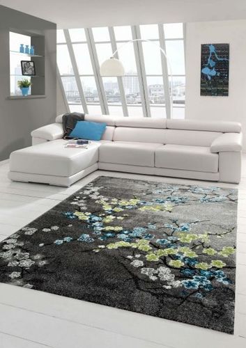 Designer Teppich Moderner Teppich Wohnzimmer Teppich Blumenmotiv Grau Turkis Grun W Kaufen Bei Hood De