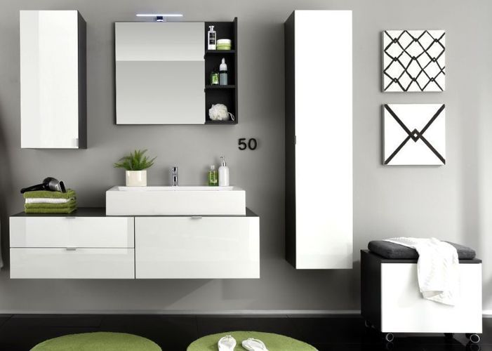 Badmöbel komplett Set Beach Waschtisch mit Waschbecken Hochglanz weiß