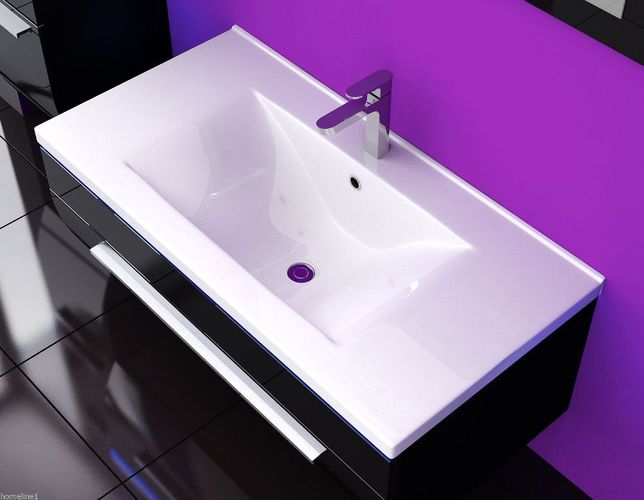 Badmöbel Set 90 cm Schwarz Lackiert Komplett Hochglanz Badezimmermöbel