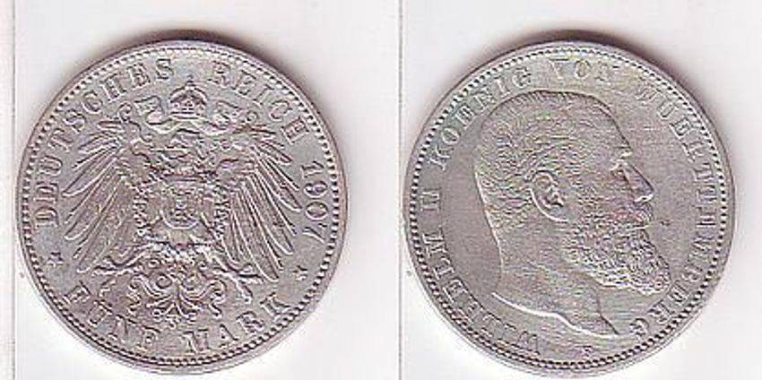 5 Mark Silber Munze Wurttemberg Konig Wilhelm Ii 1907 Gebraucht Kaufen Bei Hood De