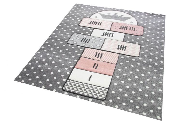 Kinderteppich Hüpfspiel Teppich Hüpfkästchen in Grau Rosa Creme