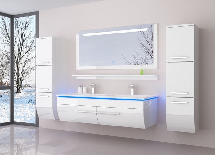 Doppelwaschtisch 240 cm Weiss Hochglanz Doppel Waschbecken Badmöbel Set