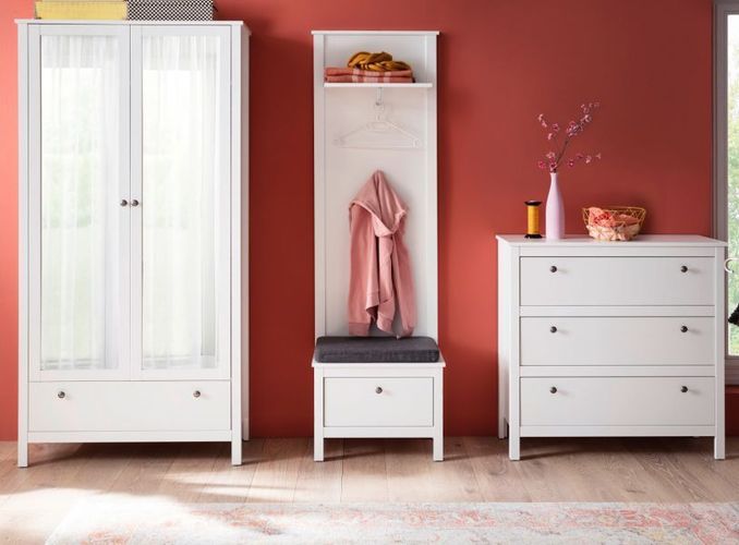 Flur Garderobe komplett Set weiß mit Schrank Paneel Bank Spiegel Diele