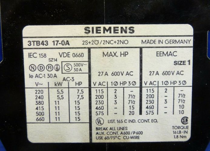 20A Re.inkl.MwSt Siemens Schütz  3TB41 17-0A 3TB4117-0A 3 TB 41 17-0A
