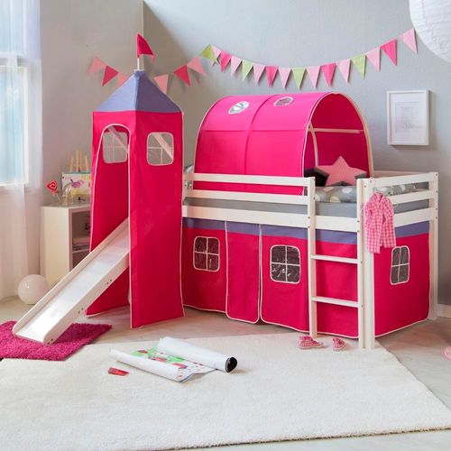 Kinderbett Hochbett Spielbett Kinderhochbett Vorhang Pink Rutsche