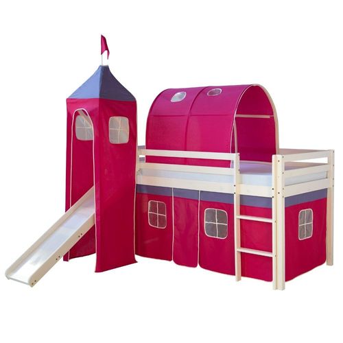 Kinderbett Hochbett Spielbett Kinderhochbett Vorhang Pink Rutsche