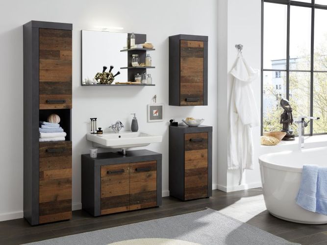 Hochschrank Bad Schrank Used Wood grau Vintage Badschrank Badezimmer