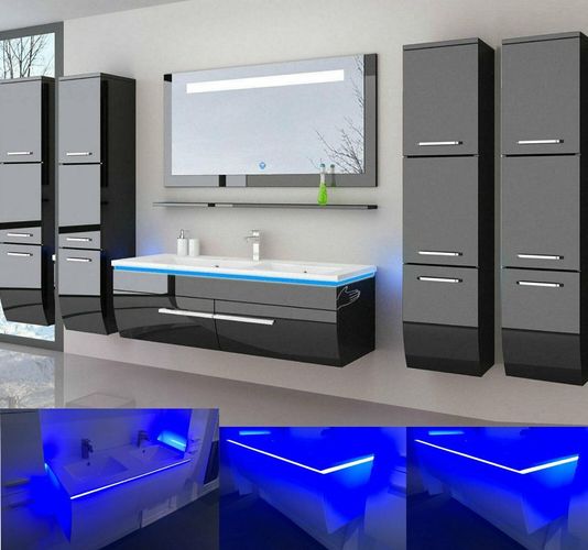 Doppelwaschtisch 240 cm Schwarz Hochglanz Doppel Waschbecken Badmöbel