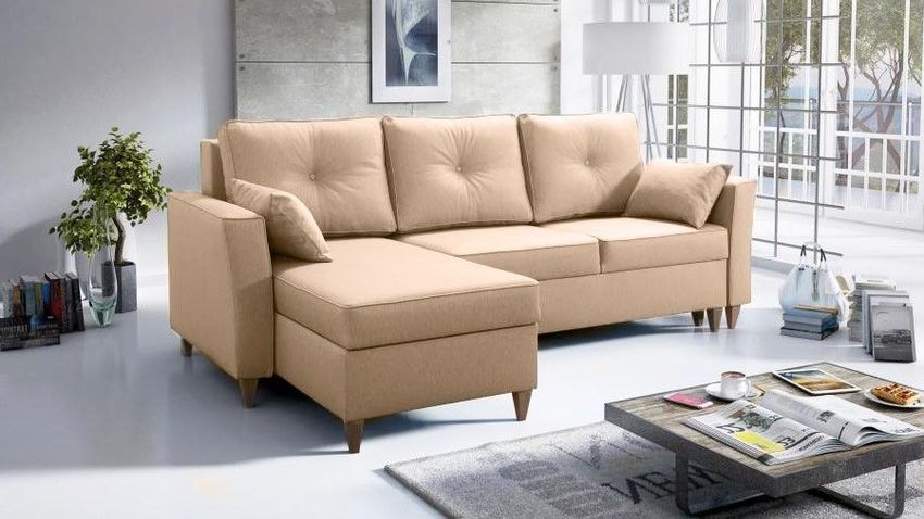 Ecksofa Leon Beige mit 2 Bettkasten Schlaffunktion 205x132cm Wohnzimmer