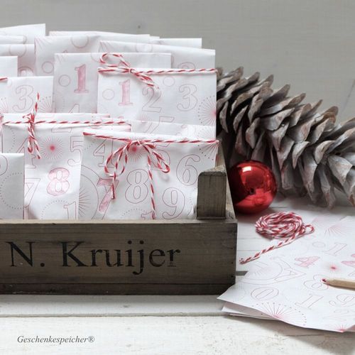 ADVENTSKALENDER DIY ZUM AUSMALEN ROT 24 TÜTEN MIT STIFT UND KORDEL ROT//WEISS