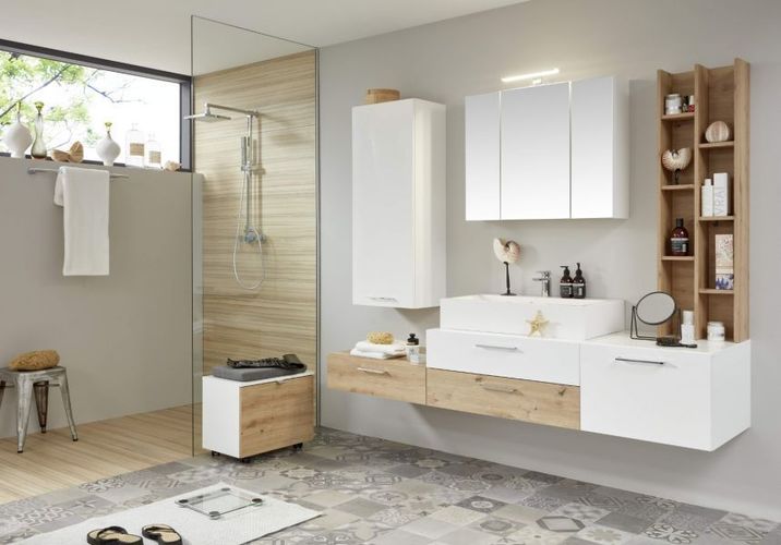 Badezimmer Hängeschrank in Hochglanz weiß Lack Badschrank One 35x103 cm