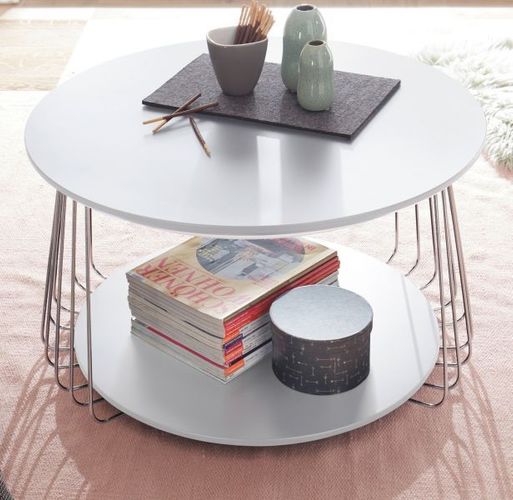 Couchtisch weiß Lack und Chrom Wohnzimmer Tisch rund mit Ablage 70 cm