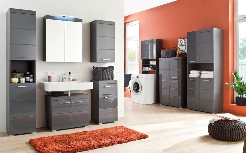 Hochschrank Hochglanz grau Badezimmer Bad Schrank 4-türig 80 cm