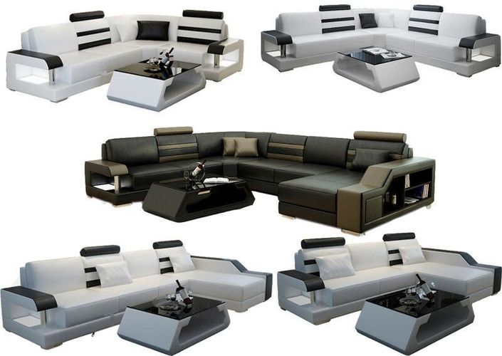 Sofa Couch Wohnlandschaft XXL Couch Ledersofa mit Ottomane Sofagarnitur