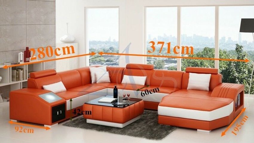 Sofa Couch Wohnlandschaft XXL Couch Ledersofa mit Ottomane Sofagarnitur