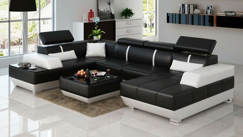 Sofa Couch Wohnlandschaft XXL Couch Ledersofa mit Ottomane Sofagarnitur