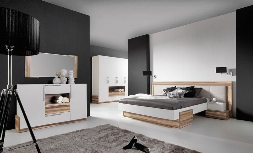 Schlafzimmer komplett Montana weiß-schwarz Set Schrank 4-tür Bett Nakos