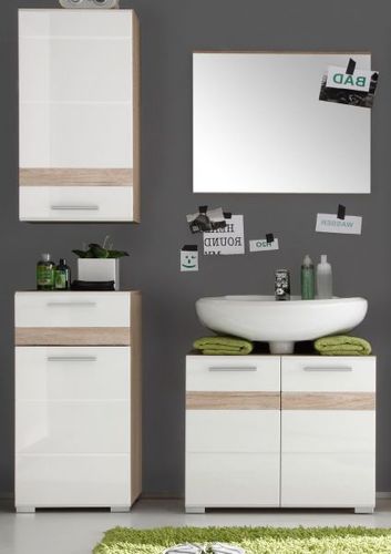 Badezimmer Möbel Set 4-teilig in weiß Hochglanz und Eiche Bad Set 110