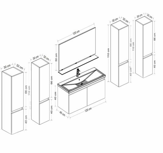 Badmöbel Set Weiss / Schwarz Marmor Optik Hochglanz Badezimmermöbel 240
