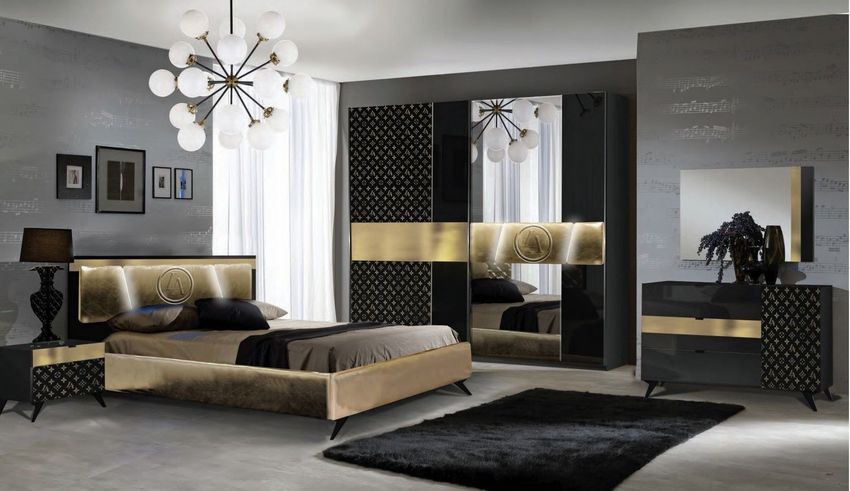 Schlafzimmer Set Glamour in Schwarz Gold 180x200 cm / ohne Lattenrost